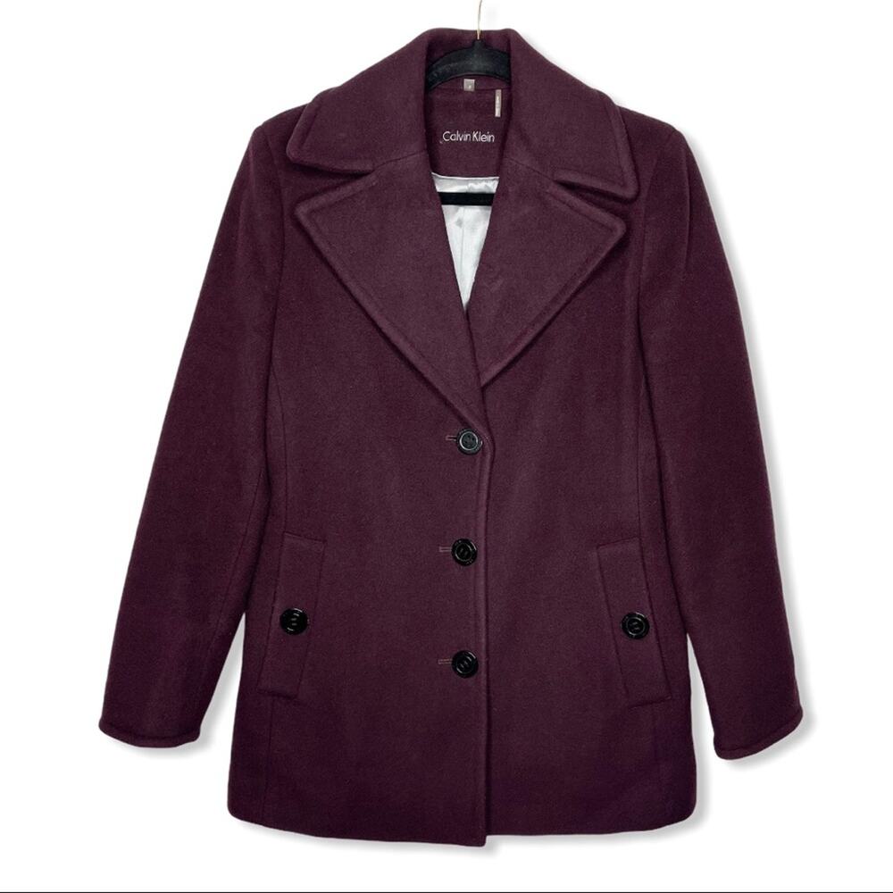 CALVIN KLEIN / plum purple wool blend pea coat / S